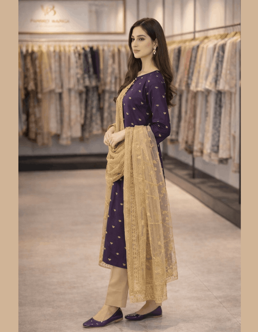 4pc Unstich Full Heavy Embroidered suit - Skin Purple