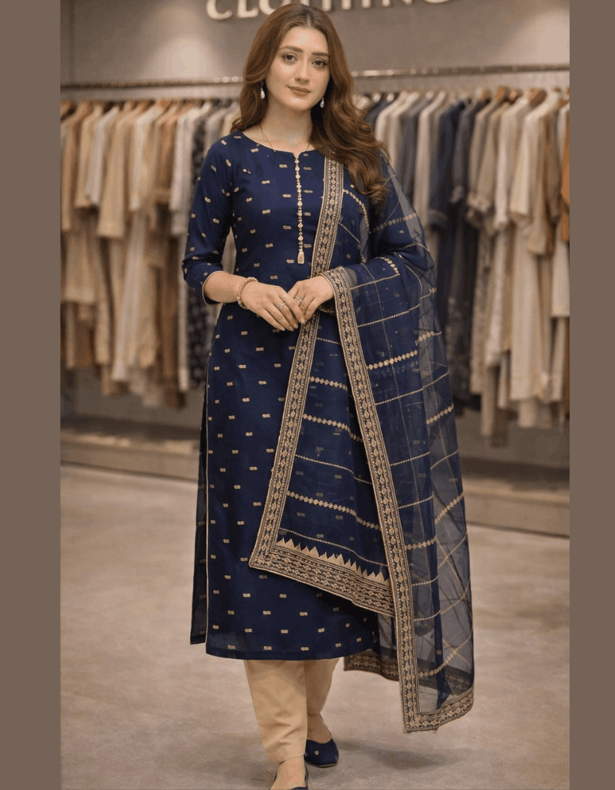 4pc Unstich Full Heavy Embroidered suit - Nevy Blue