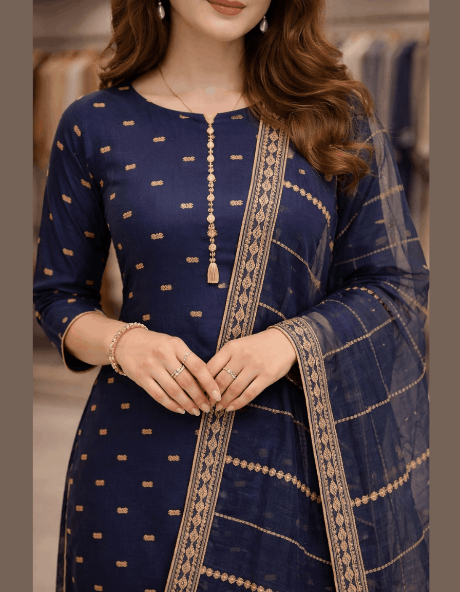 4pc Unstich Full Heavy Embroidered suit - Nevy Blue