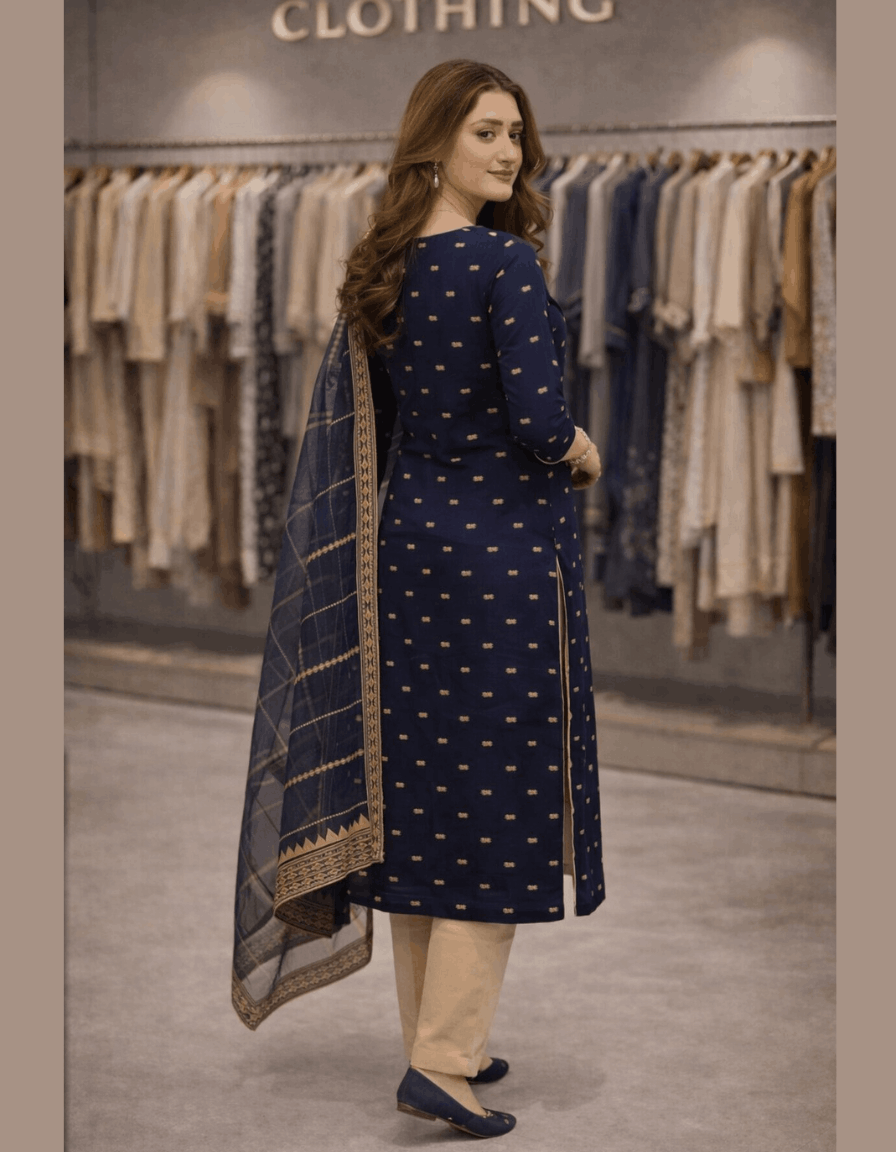 4pc Unstich Full Heavy Embroidered suit - Nevy Blue