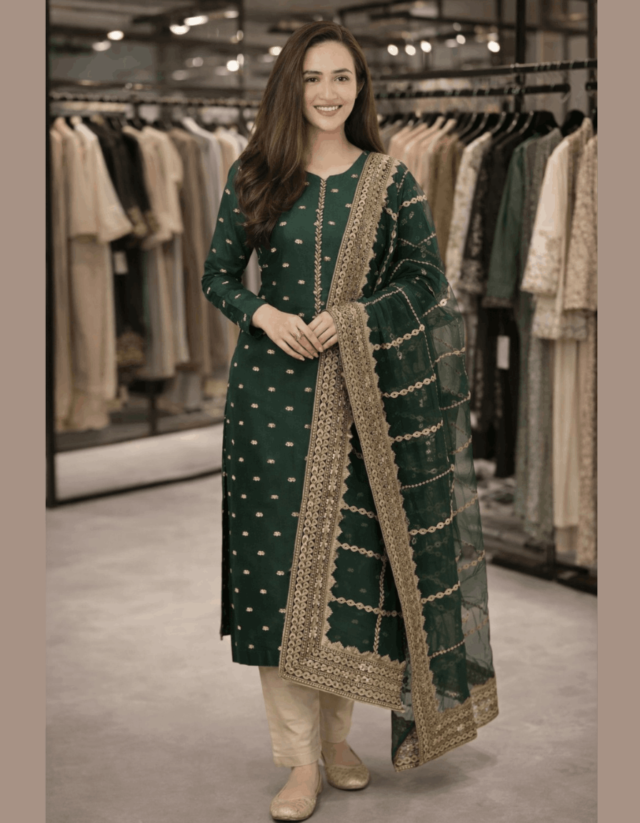 4pc Unstich Full Heavy Embroidered suit - Bottle Green