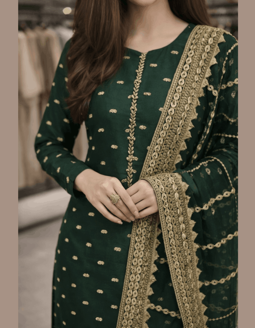 4pc Unstich Full Heavy Embroidered suit - Bottle Green