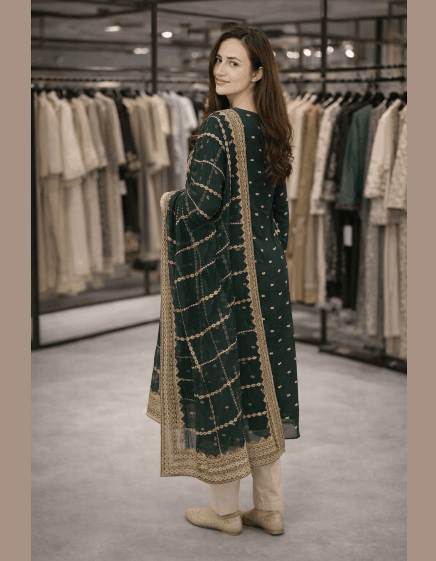 4pc Unstich Full Heavy Embroidered suit - Bottle Green
