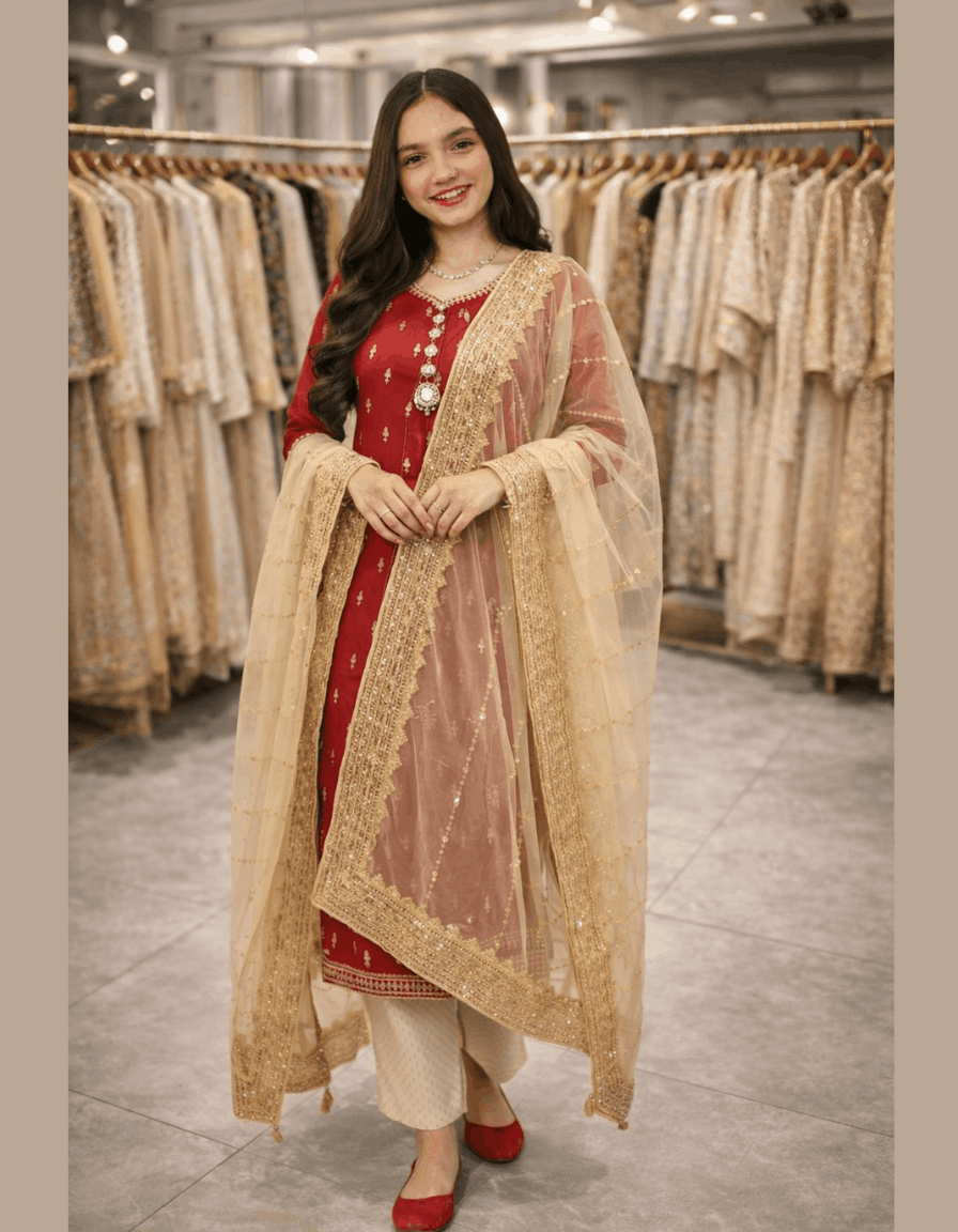 4pc Unstich Full Heavy Embroidered suit - Skin Red