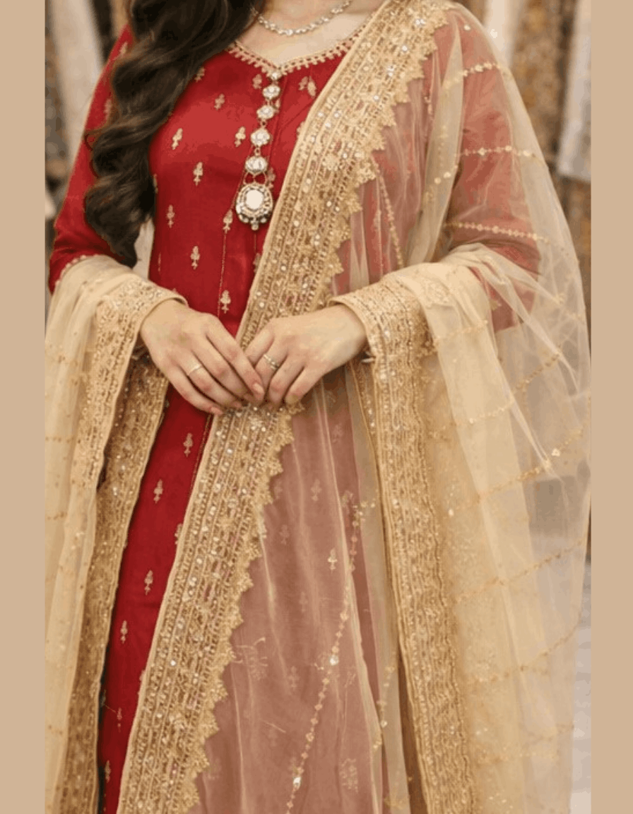 4pc Unstich Full Heavy Embroidered suit - Skin Red