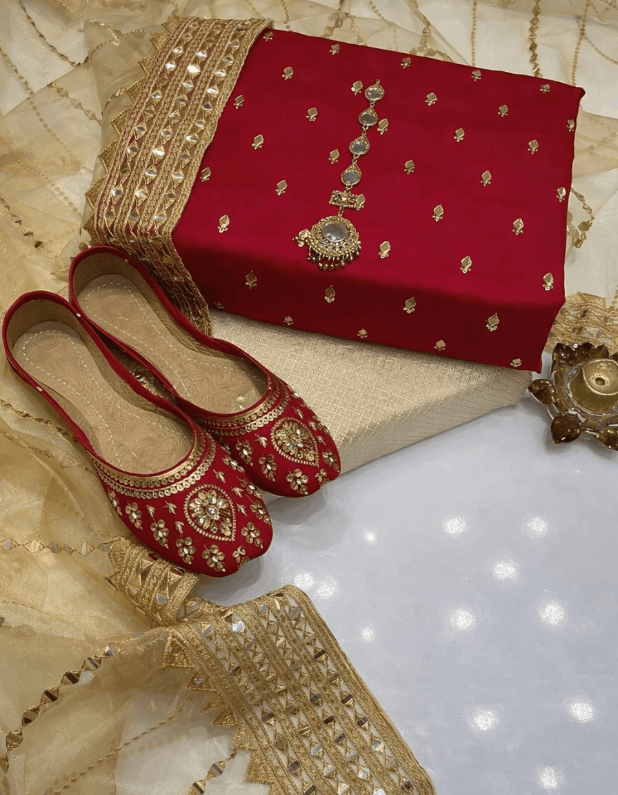 4pc Unstich Full Heavy Embroidered suit - Skin Red