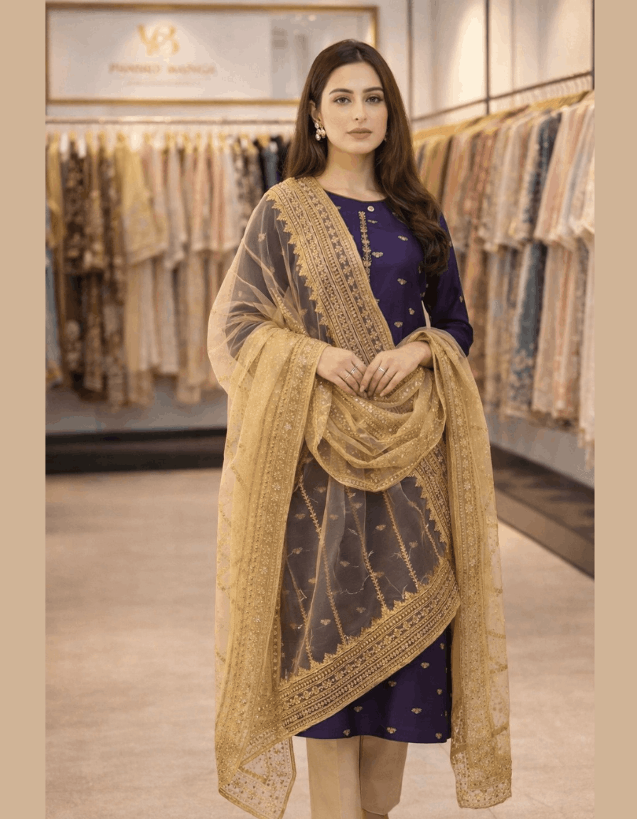 4pc Unstich Full Heavy Embroidered suit - Skin Purple