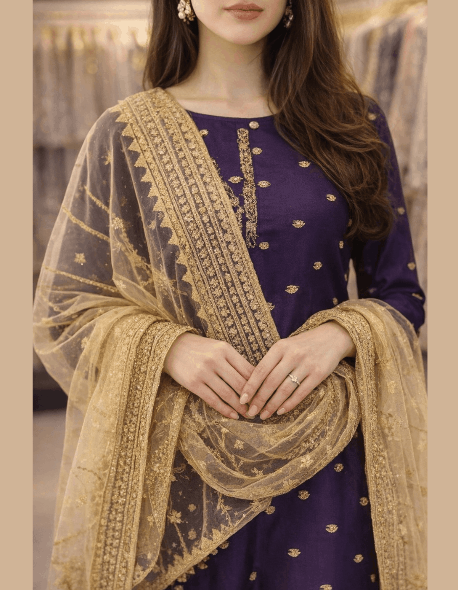 4pc Unstich Full Heavy Embroidered suit - Skin Purple