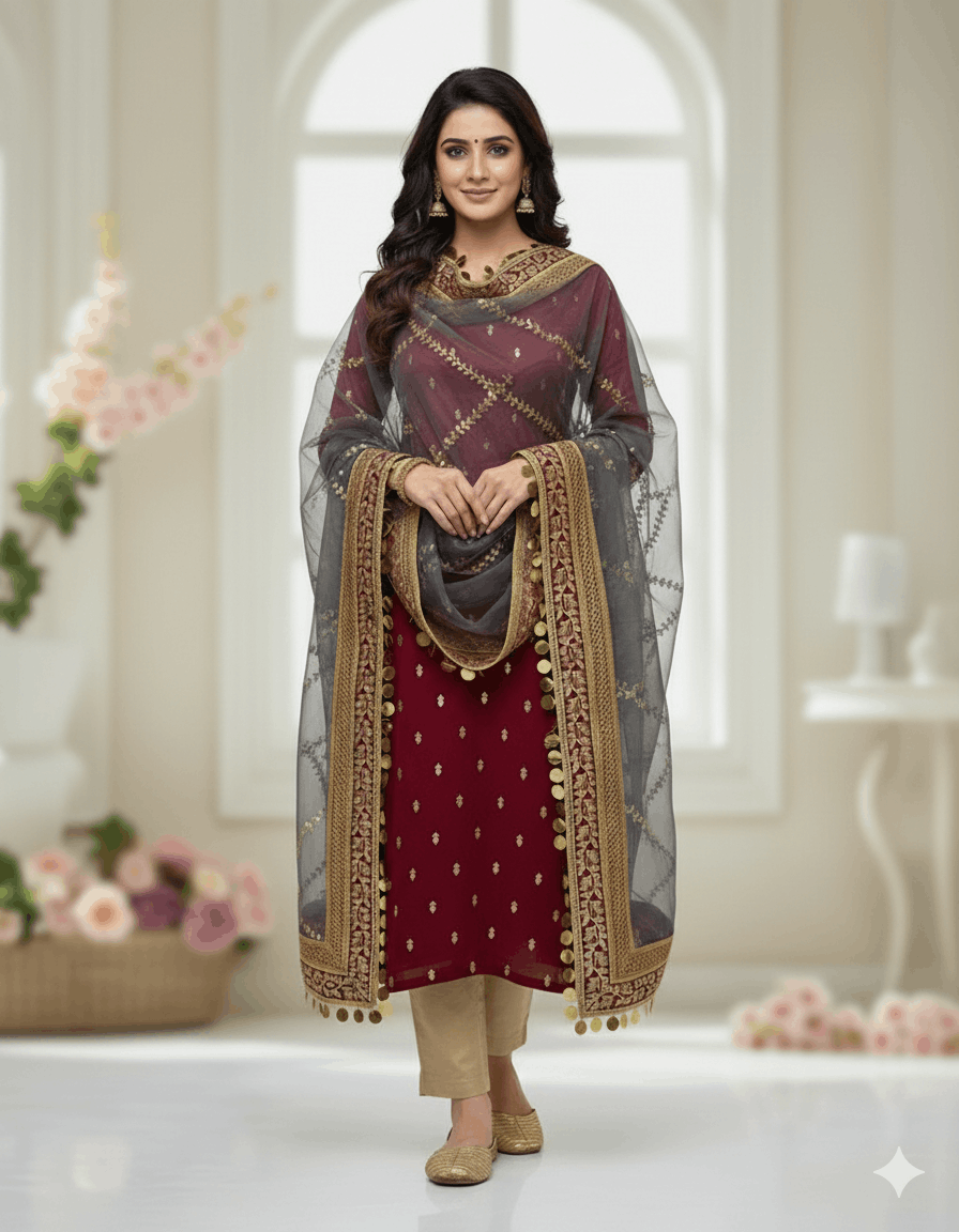 4pc Unstich Full Heavy Embroidered suit - Grey Mehroon