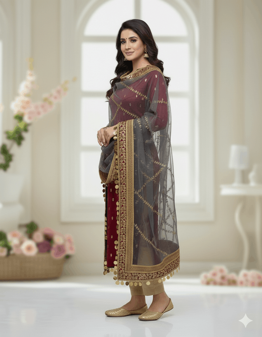 4pc Unstich Full Heavy Embroidered suit - Grey Mehroon