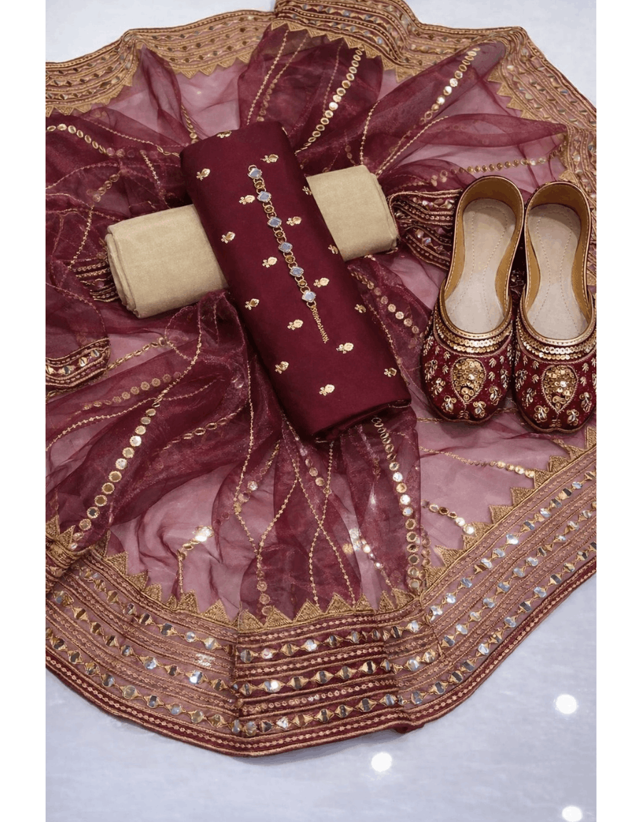 4pc Unstich Full Heavy Embroidered suit - Mehroon