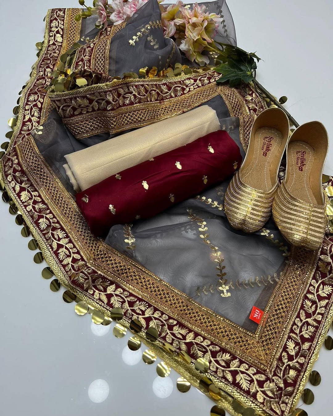 4pc Unstich Full Heavy Embroidered suit - Grey Mehroon