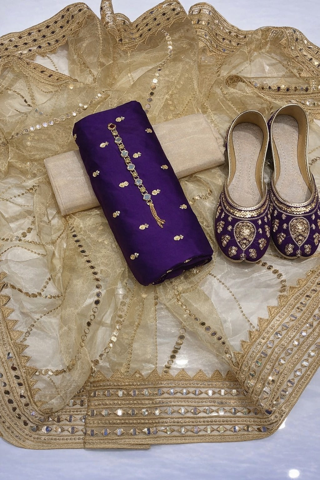 4pc Unstich Full Heavy Embroidered suit - Skin Purple