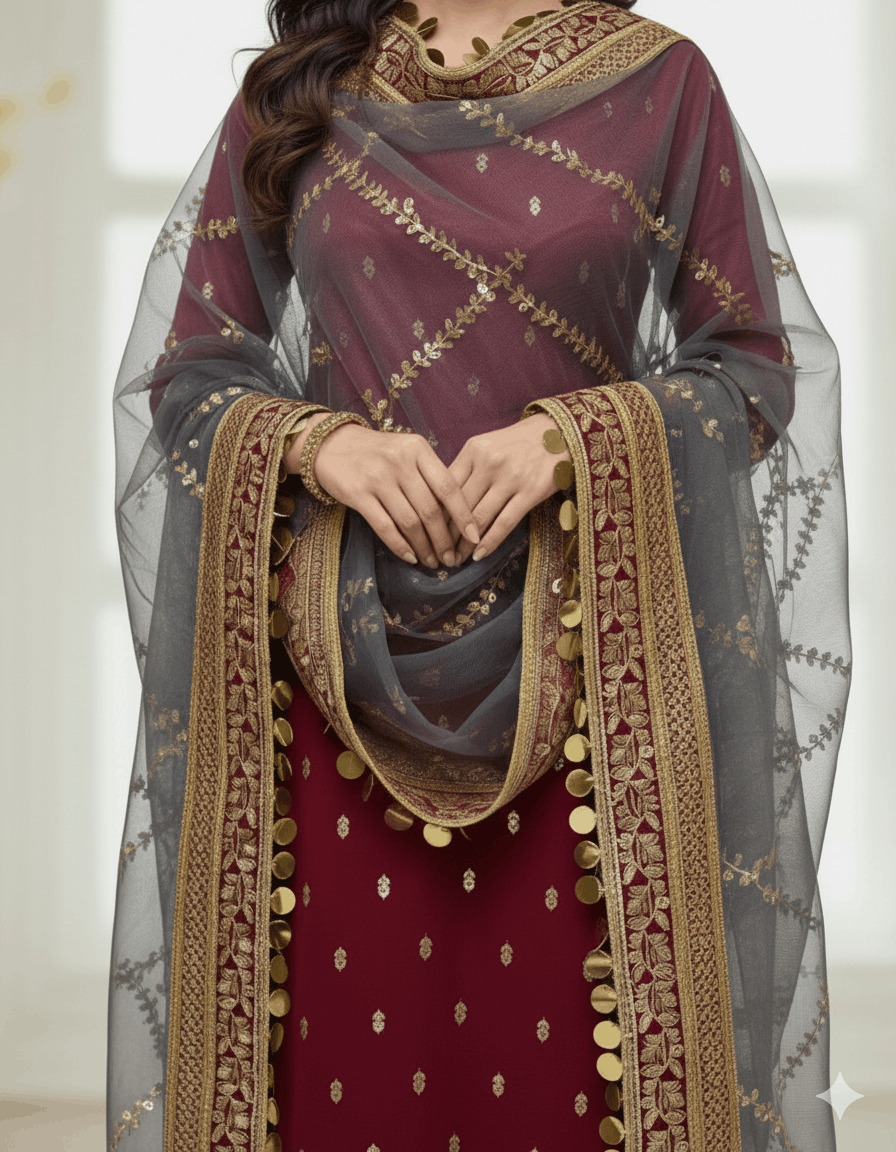 4pc Unstich Full Heavy Embroidered suit - Grey Mehroon