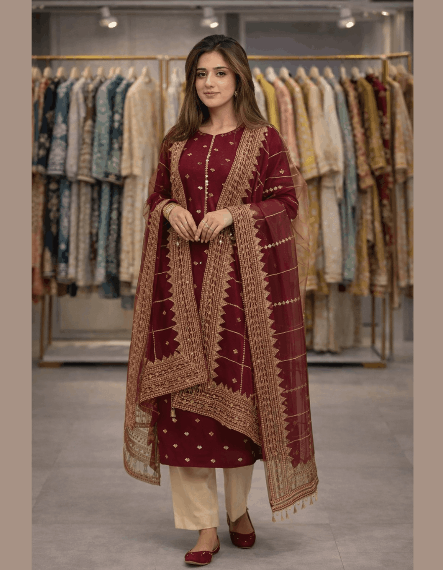 4pc Unstich Full Heavy Embroidered suit - Mehroon