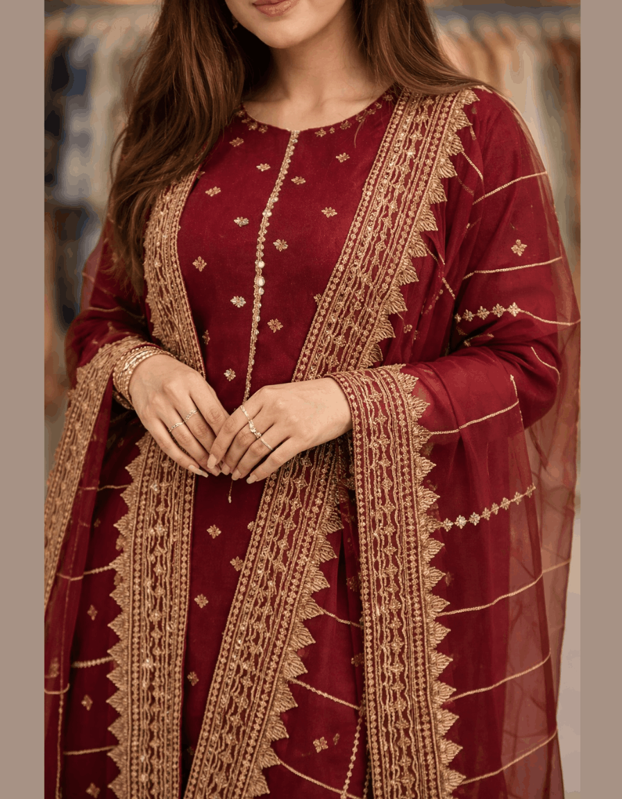 4pc Unstich Full Heavy Embroidered suit - Mehroon