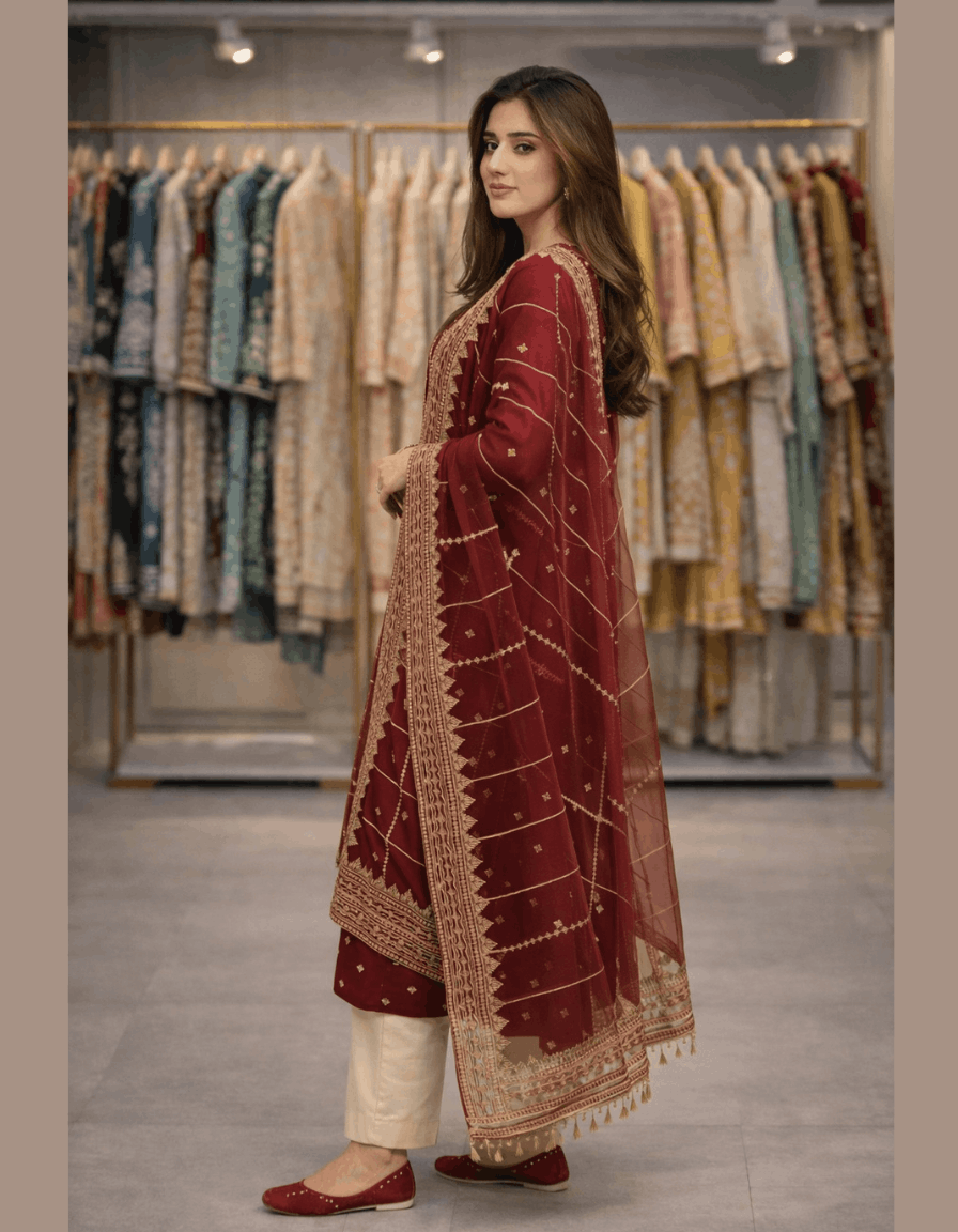 4pc Unstich Full Heavy Embroidered suit - Mehroon