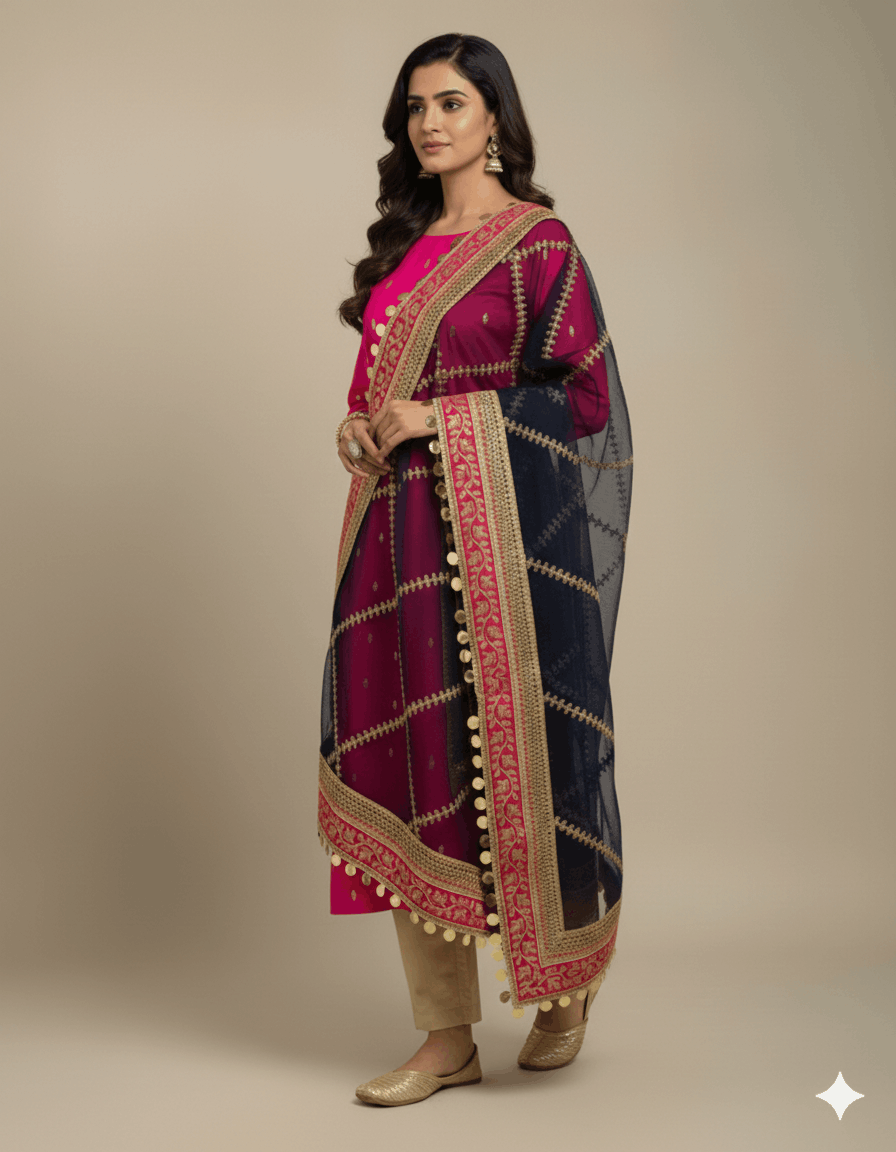 4pc Unstich Full Heavy Embroidered suit - Shocking Nevy Blue