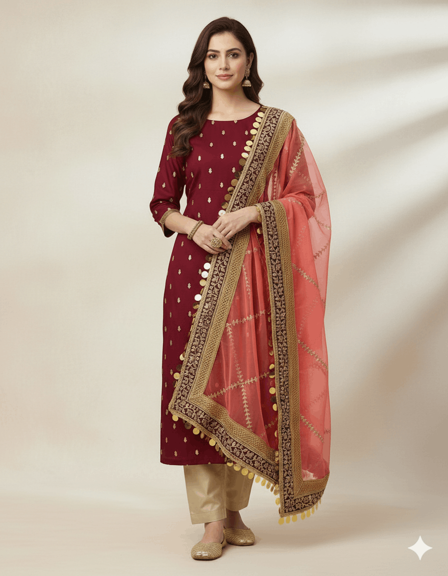 4pc Unstich Full Heavy Embroidered suit - T Pink Mehroon