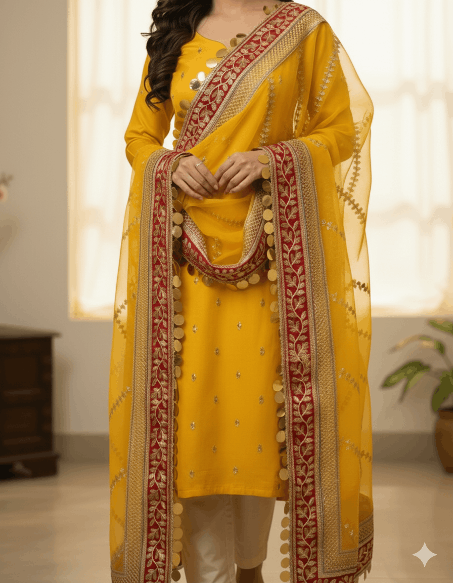 4pc Unstich Full Heavy Embroidered suit - Yellow
