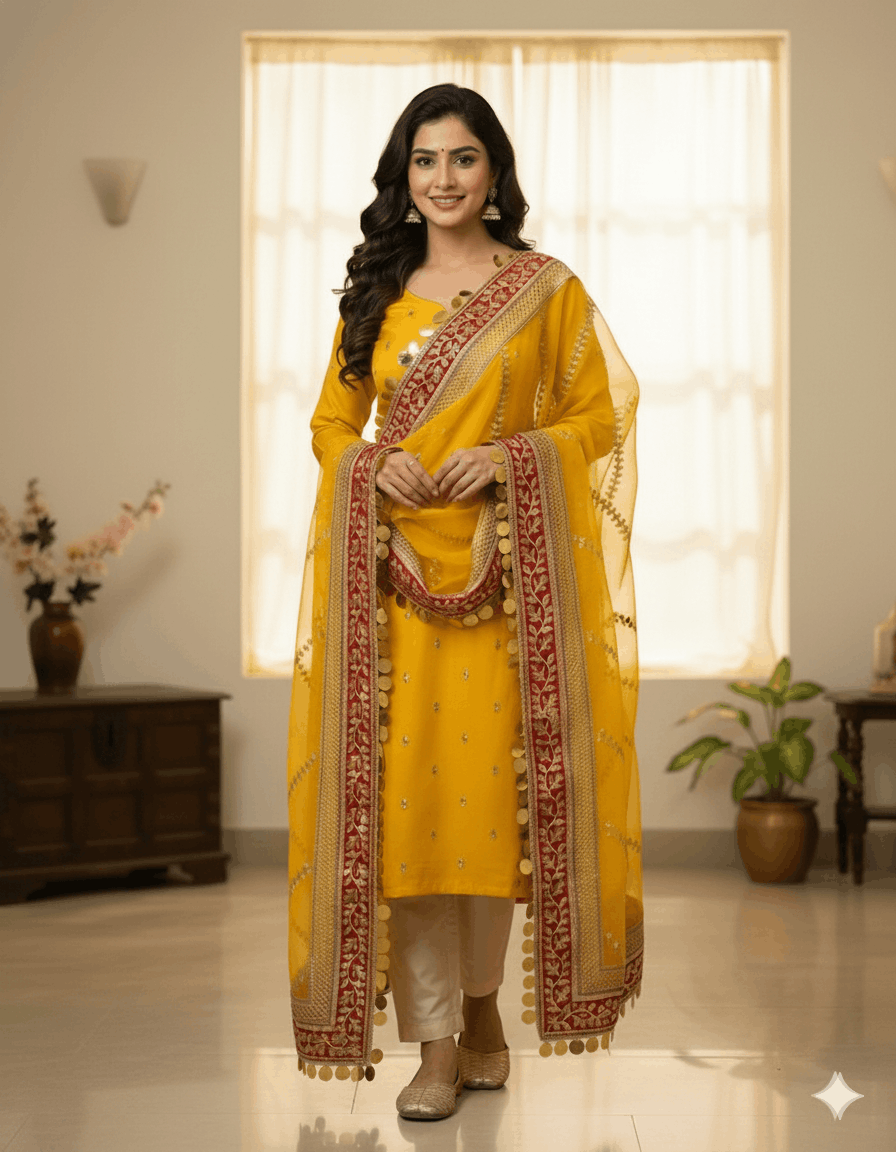 4pc Unstich Full Heavy Embroidered suit - Yellow