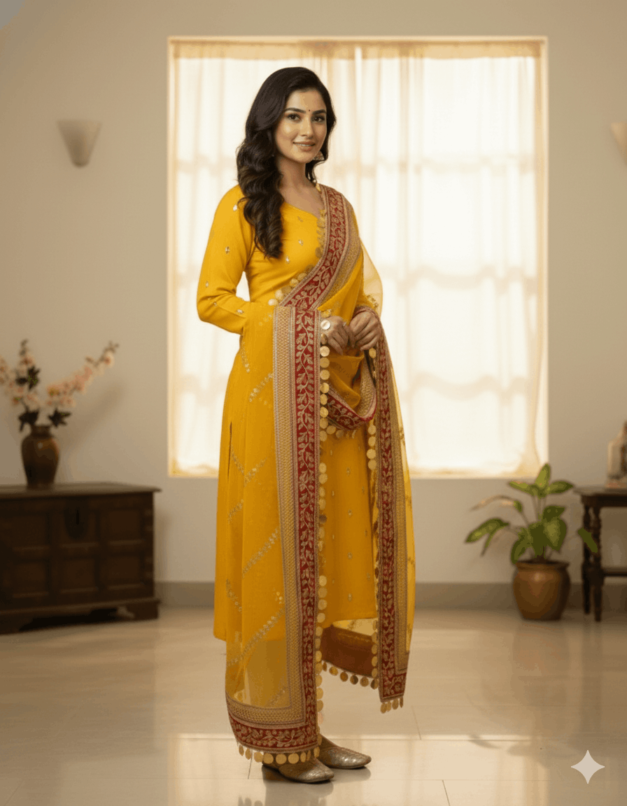 4pc Unstich Full Heavy Embroidered suit - Yellow